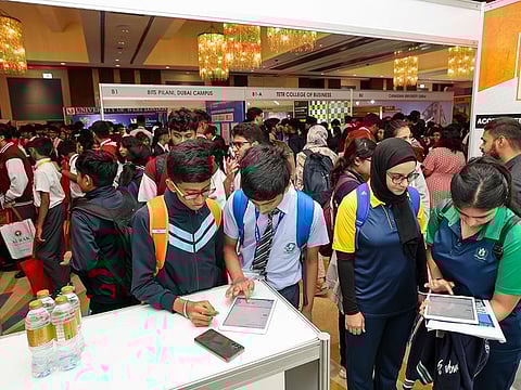crowds throng the exhibitor booths on day 1 at Gulf News Edufair