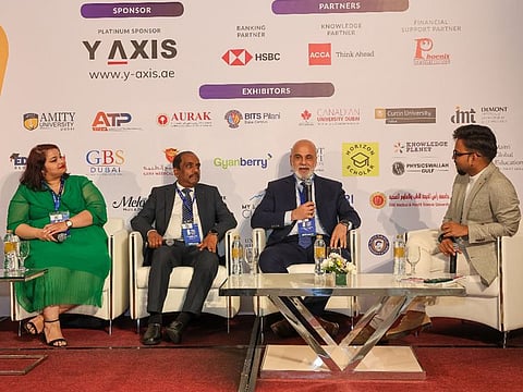 Amanda Fernandes, Manager – Careers and Employability Services, Middlesex, Dr. Sudhindra Shamanna, Academic President, Manipal, Mehrdad Mohasses, Director, Centre for Teaching and Learning, Amity University and moderator Varun  Jain, Founder CEO UniHawk during a panel discussion 'The future of work: Job market trends and emerging career opportunities' on the opening day of Sixth edition of Gulf News Edufair in Dubai