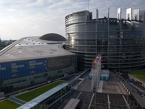 This photograph shows a giant poster announcing the upcoming European elections, stucks on the facade of the European Parliament building, in Strasbourg, eastern France, on May 8, 2024.