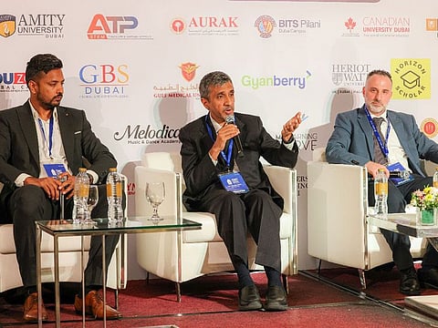 Tejas Labhshetwar, Founder of Gyanberry, Dr Pankaj Lamba, Clinical Assistant Professor & Clinical Phase Director of MD Programme at Gulf Medical University (GMU), and Dr Rawad Hodeify, Associate Professor of Medical Biotechnology, American University of Ras Al Khaimah (AURAK), during a panel discussion on the second day of Edufair
