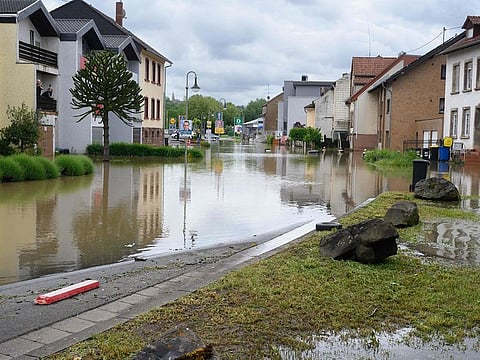 A closed road in the flood stricken town of Kleinblittersdorf on May 18, 2024, after heavy rains caused flooding, swamping streets and buildings and sparking evacuations in south west Germany.