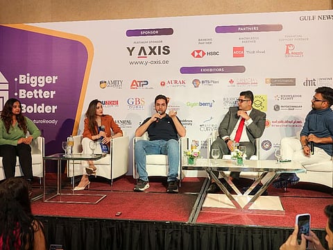 Hazel Denny, a Heriot Watt alumna with experience at SAP and MSD; Sanya Jain, Content Editor at Bloomingdale's and former Middlesex student; Mohammad Murtaza Sharif, a graduate from Murdoch University and Data Analytics Experience Associate at Deloitte Middle East; Ahmed Ellahi, an ACCA graduate turned lecturer at Phoenix Financial Training with moderator Varun Jain, Founder and CEO of UniHawk during a Panel discussion "The power of the UAE: Graduate success stories" on the second day of Sixth edition of Gulf News Edufair in Dubai