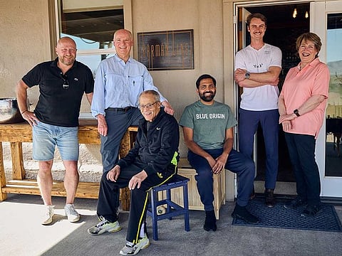 This handout image released by Blue Origin shows the New Shepard's Crew of the NS-25 Mission: (from left) Sylvain Chiron, Ken Hess, Ed Dwight, Gopi Thotakura, Mason Angel and Carol Schaller in Van Horn, Texas, May 17, 2024.