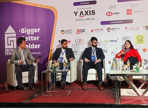 Moderator Lachlan Kitchen, Taher Kapasi, Head of Education ACCA, Eurasia and Middle East; Mustufa Ali, Associate Lecturer, Phonenix Financial Training and Natasha Parikh, CEO/Career Counselor, My Learning Curve during a panel discussion "Lifelong learning - Continuous Skill Development for Career Growth and Adaptation" on the final day of the Sixth edition of Gulf News Edufair in Dubai