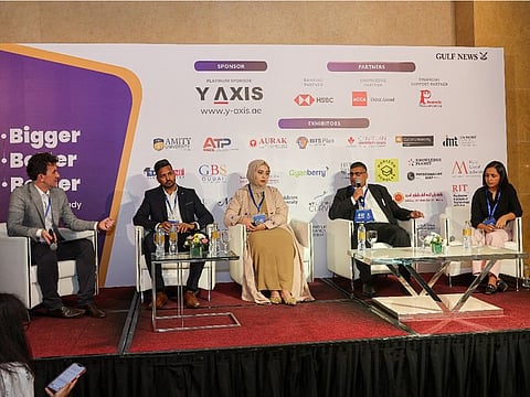 Tejas Labhshetwar, Founder of Gyanberry , Zoya Siddiqui, Middle East Associate, StudentRoomStay, Dr. Muhammad Yousuf Qadri, CEO, Qadri International Educational Consultancy and Ruchi Shukla, Founder, Horizon Scholar during a panel discussion, Career Impact - How overseas education enhances job prospects and professional growth, on the final day of the sixth edition of Gulf News Edufair