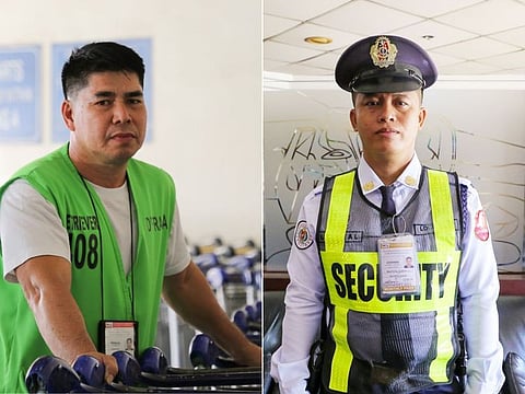 Manila airport workers Victor Perez (left), a porter, and Albert Bautista, a security guard, were honoured for their acts of honesty by the Manila International Airport Authority.