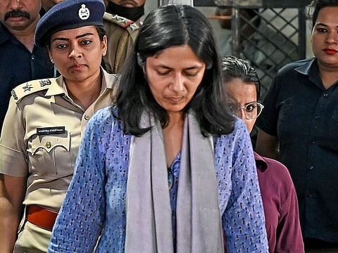 AAP MP Swati Maliwal leaves Delhi CM Arvind Kejriwal's residence after recreation of the May 13 incident by Police, in New Delhi