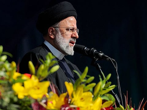 Iranian President Ebrahim Raisi gives a speech during the 45th anniversary of the Islamic Revolution in Tehran, Iran, February 11, 2024
