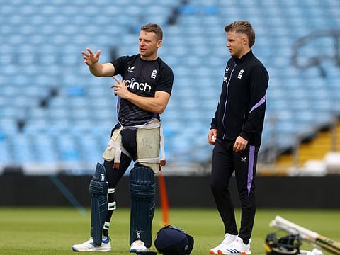 England's Jos Buttler and Sam Curran during the practice session at Headingley Cricket Ground, Leeds, on Tuesday.