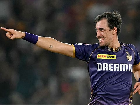 Kolkata Knight Riders’ Mitchell Starc celebrates after taking the wicket of Sunrisers Hyderabad’s Shahbaz Ahmed during the Indian Premier League first qualifier in Ahmedabad on May 21, 2024. That was his third strike of the match.
