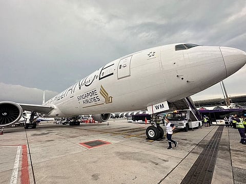A Singapore airline aircraft is seen on tarmac after requesting an emergency landing at Bangkok's Suvarnabhumi International Airport, Thailand, May 21, 2024.