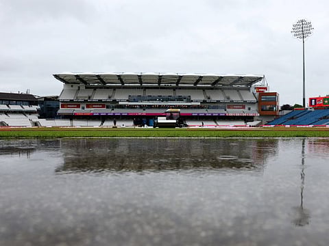 A view of rainwater as ground staff work on the field ahead of the first T20 International between England and Pakistan at Headingley Cricket Ground, Leeds, on Wednesday.