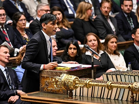 Britain's Prime Minister Rishi Sunak speaking during the weekly session of Prime Minister's Questions (PMQs), in the House of Commons in central London, on May 22, 2024.