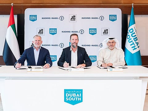 From left: Jonathan Emery, CEO, Aldar Development, Lee I’Ons, GCC+ Managing Director at Kuehne+Nagel, and Mohsen Ahmad, CEO of Logistics District, Dubai South.