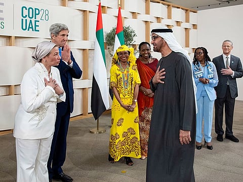 President His Highness Sheikh Mohamed bin Zayed Al Nahyan bids farewell to dignitaries during a COP28 international partner’s recognition ceremony in Abu Dhabi on Wednesday