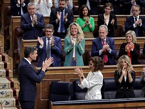 Spain's Prime Minister Pedro Sanchez is applauded by MPs and members of Government after delivering a speech to announce that Spain will recognise Palestine as a state on May 28, at the Congress of Deputies in Madrid on May 22, 2024.