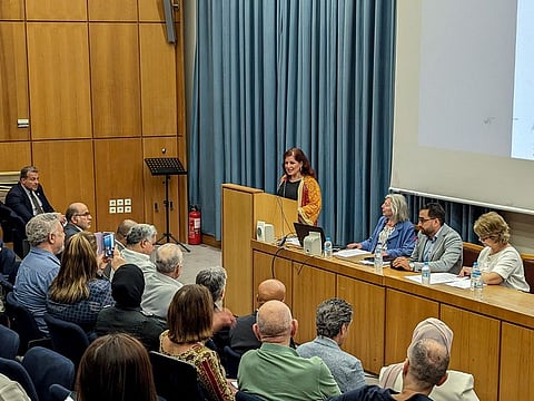 Participants during a symposium titled “Timeless Cultural Bonds between Greece and the Arab World” at the University of Athens.