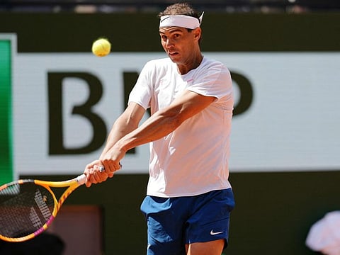 Spain's Rafael Nadal takes part in a practice session ahead of The French Open tennis tournament on Court Philippe-Chatrier at The Roland Garros Complex in Paris.
