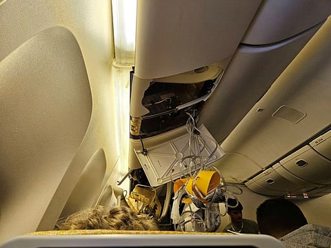 The interior of Singapore Airlines flight SQ321 is pictured after an emergency landing at Bangkok's Suvarnabhumi International Airport, on May 21, 2024.