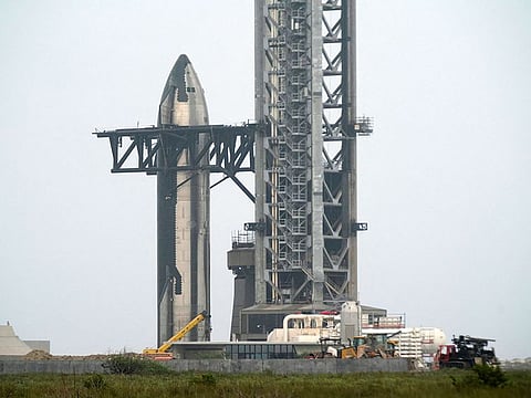 SpaceX’s Starship rocket prototype is pictured in the rocket launch area in Brownsville, Texas.