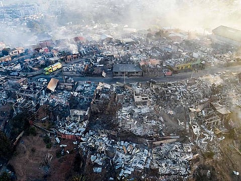 Aerial view of houses destroyed by a forest fire that affected the hills of Vina del Mar, in the Valparaiso region, Chile, taken on December 23, 2022.