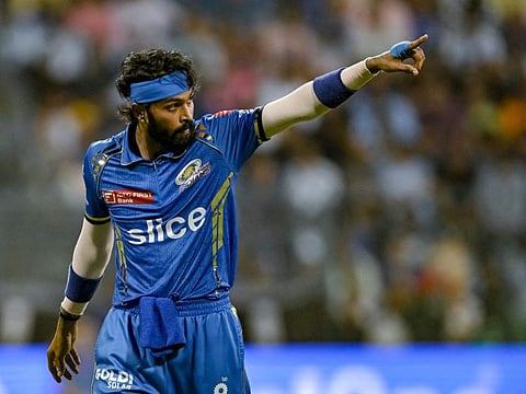 Mumbai Indians' captain Hardik Pandya gestures during the Indian Premier League (IPL) Twenty20 cricket match against Lucknow Super Giants at the Wankhede Stadium in Mumbai on May 17.
