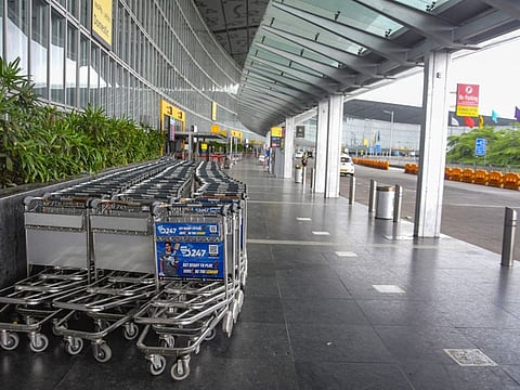 A deserted view of the Netaji Subhash Chandra Bose International Airport as flight operations were suspended due to cyclone Remal, in Kolkata on Sunday.