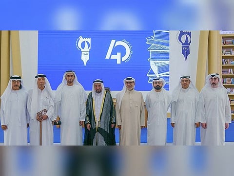 His Highness Dr Sheikh Sultan bin Muhammad Al Qasimi, Supreme Council Member and Ruler of Sharjah, with dignitaries at the celebration held at Sharjah Book Authority on Saturday