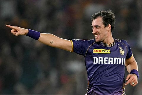 Kolkata Knight Riders' Mitchell Starc celebrates the wicket of Sunrisers Hyderabad's Shahbaz Ahmed during the Indian Premier League (IPL) Twenty20 match at the Narendra Modi Stadium in Ahmedabad on May 21.