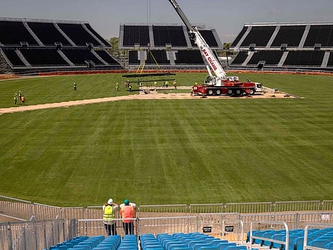 A general view of the Nassau county International Cricket Stadium getting ready for the ICC Men's T20 World Cup, in Eisenhower Park, East Meadow, New York. The blockbuster India-Pakistan game on June 9 is one of the eight games scheduled at the 34,000-capacity stadium. AFP