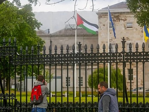 Palestinian flag flies at Leinster House as Ireland formally recognise Palestinian statehood, in Dublin, Ireland on May 28, 2024