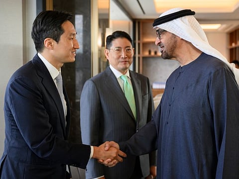 SEOUL: Sheikh Mohamed bin Zayed Al Nahyan (R), greets Chung Ki-sun, President and CEO of HD Hyundai Group (L), prior to a meeting with leaders of the Korean business community, during a state visit to the Republic of Korea.