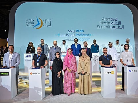 Representatives from Dubai Press Club and podcasters during the launch of the Arab Podcast Programme at the Arab Media Forum in Dubai on Wednesday