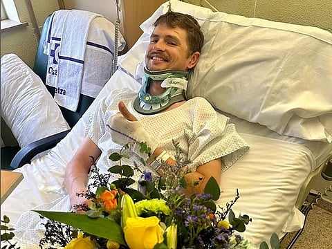 Jay Vine was one of the more severely injured competitors in the pile-up on a bend in the road after the front riders swerved to avoid a tree root.
