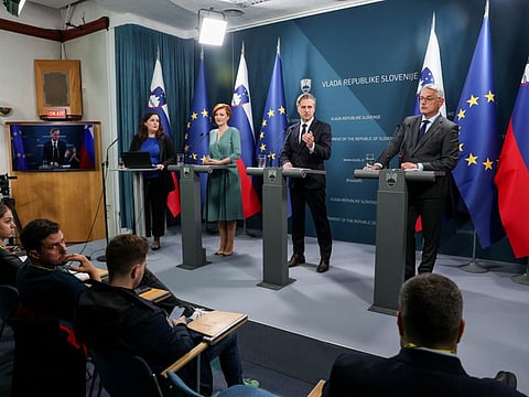 Slovenian Prime Minister Robert Golob, Culture Minister Asta Vrecko and Economy Minister Matjaz Han attend a press conference about the recognition of the Palestinian state, in Ljubljana on May 30, 2024.