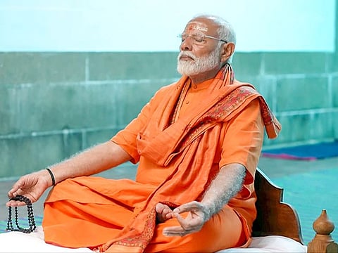 India’s Prime Minister Narendra Modi meditates at the Vivekananda Rock Memorial, where Swami Vivekananda did meditation, in Kanniyakumari on Saturday.