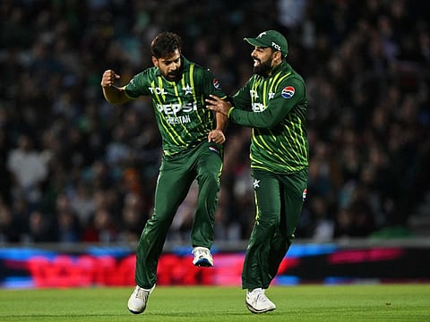 Pakistan's Haris Rauf celebrates after taking the wicket of England's Jos Buttler during the fourth T20 international cricket match between England and Pakistan at The Oval, in London on May 30.