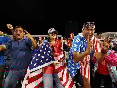 USA fans enjoy the atmosphere during the ICC Men's T20 Cricket World Cup match between USA and Canada at Grand Prairie Cricket Stadium on Saturday..