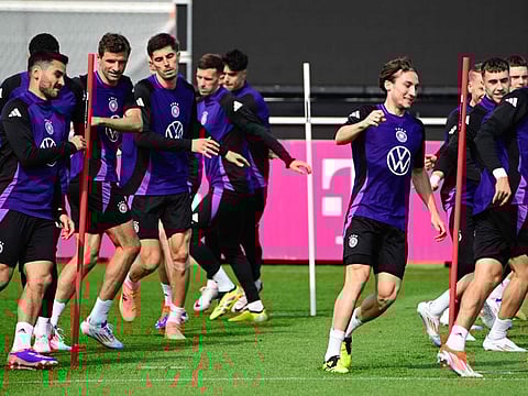 Germany's team attends a training session on the eve of the friendly football match against Ukraine in Herzogenaurach on Sunday.