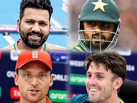 CAPTAINS COURAGEOUS: (Clockwise from left) Rohit Sharma of India, Babar Azam of Pakistan, Mitchell Marsh of Australia and Jos Buttler lead the favourites in the T20 Cricket World Cup, which started on June 1, 2024.