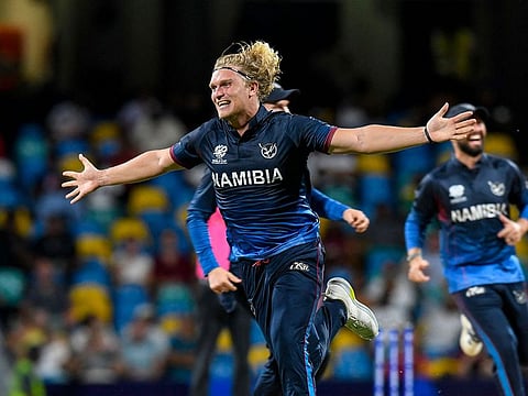 Namibia's Ruben Trumpelmann celebrates the dismissal of Oman's captain Aqib Ilyas during their Twenty20 World Cup match on Sunday.
