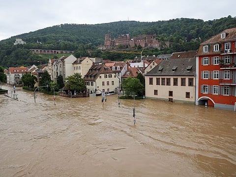 A flooded street running parallel with the River Neckar in Heidelberg, Germany, on Monday, June 3, 2024. Southern Germany continues to battle flooding from heavy rainfall that’s disrupted rail services and transport on the key Rhine and Donau shipping routes and pushed emergency services to their limits.
