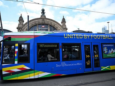 A tram with the logo of the Uefa Euro 2024 European Football Championship is pictured in Frankfurt am Main, western Germany on Sunday.