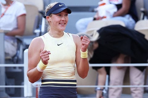 Russia's Mirra Andreeva celebrates after winning against Belarus' Aryna Sabalenka at the end of their women's singles quarter-final match on Court Philippe-Chatrier at the Roland Garros Complex in Paris on Wednesday.
