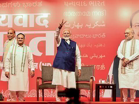 Prime Minister Narendra Modi, Federal Home Minister Amit Shah, Defence Minister Rajnath Singh and BJP National President JP Nadda at BJP headquarters in New Delhi.
