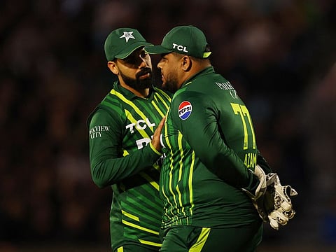 Pakistan's Azam Khan with Shadab Khan during the fourth T20 International against England at The Oval, London, on May 30.