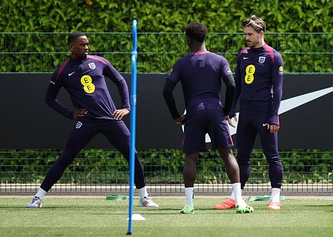 England's Jack Grealish and Ivan Toney during training at Tottenham Hotspur Training Centre, London, on Thursday.
