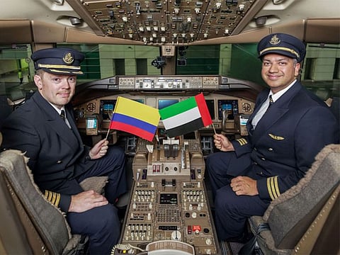 Captain Daniel Prieto (Colombian national) and First Officer Fares Alwan (UAE national) who operated the flight from Dubai to Miami on the inaugural service to Bogota