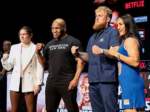 File photo: Boxers Mike Tyson, Jake Paul, Katie Taylor, and Amanda Serrano attend a news conference, in New York City, on May 13, 2024.