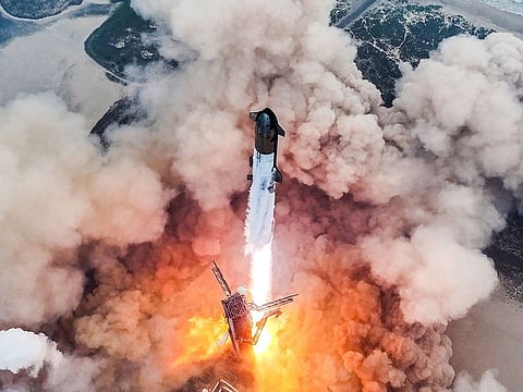 SpaceX's Starship launches its fourth flight test from the company's Boca Chica launchpad, designed to eventually send astronauts to the moon and beyond, near Brownsville, Texas, U.S. , in this handout picture obtained on June 6, 2024.